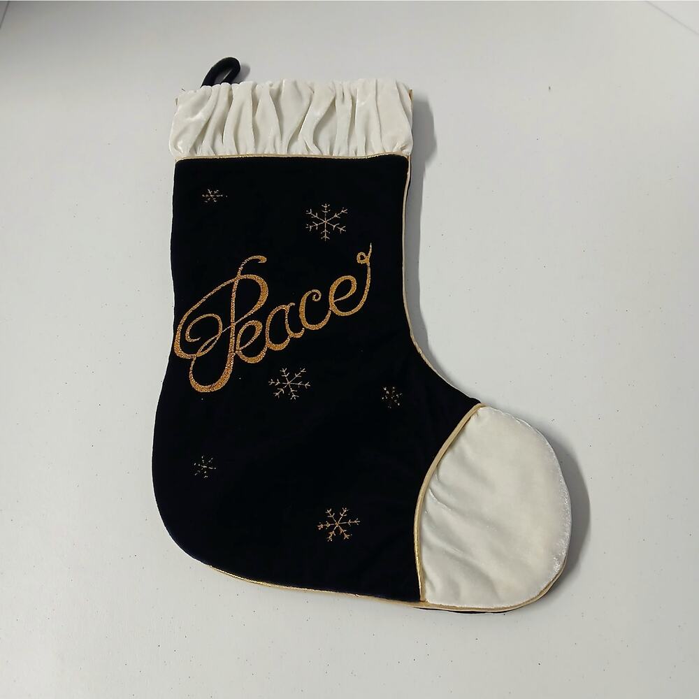 Peace Christmas Stocking Hanging Seasonal Holiday Decoration Blue Gold Velvet